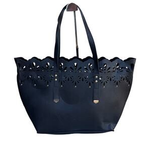 Black Leather Tote Bag Laser Cut Double Handle Studded Shoulder Bag